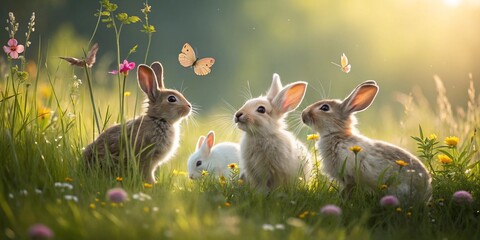 Adorable wild rabbit in natural grass meadow at golden hour, stunning nature photography background. Cute little bunny in grass with ears up looking away