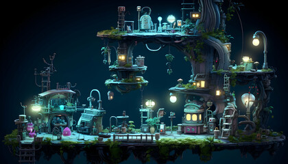Pixelated Floating Cityscape With Intricate Architecture Lush Vegetation and Glowing Lights Against a Dark Blue Background Computer Generated
