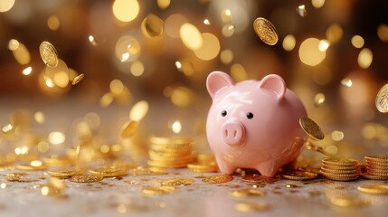 A pink piggy bank surrounded by scattered gold coins and sparkling bokeh lights, symbolizing savings and financial prosperity.