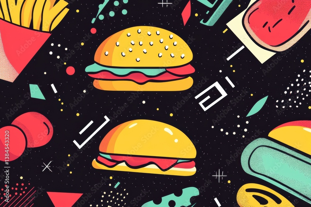 Poster memphis style pop-art background with abstract food shapes and colorful geometric elements depicting