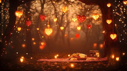 Naklejka premium Romantic Forest Picnic Setting with Heart Lights Wine and Cheese
