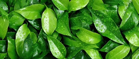A close-up of lush green leaves with droplets of water, showcasing their vibrant texture and freshness.