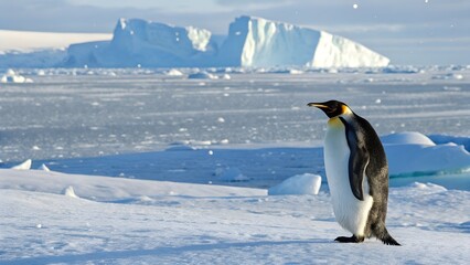 Fototapeta premium Beautiful wildlife photo of emperor penguin on ice, emphasizing natural habitat and environmental purity. Antarctica, Snow Hill Island, emperor penguins on ice 