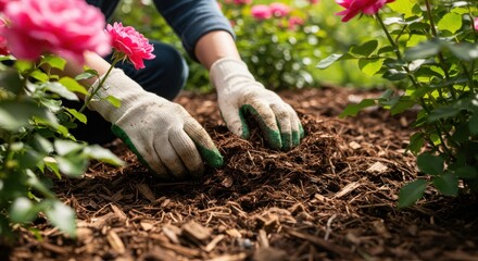 Fototapeta premium Person gardening with pink roses and gloves spreading mulch in a garden bed outdoors in daylight