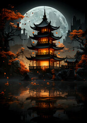 Fototapeta premium Pixelated Pagoda Temple Under Full Moon with Orange Leaves Landscape Featuring Reflections in Water Creating a Mystical Tranquil Night Scene