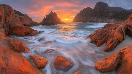 Dramatic sunrise over a rocky beach.  Sunrise through dramatic rock formations.  Ocean waves crashing on the shore.  Vibrant colours of the sunrise reflect on the rocks