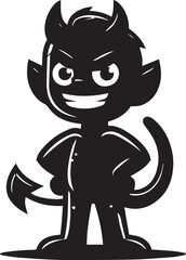 Obraz premium A cartoon devil character with red skin, a mischievous grin, and sharp teeth stands confidently with hands on hips.