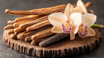 Fototapeta premium Dried vanilla pods and orchid blossoms on a wooden coaster. Close-up view of aromatic spice and flowers