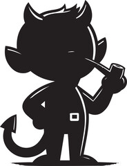 A cartoonish, mischievous devil character stands confidently with one hand on his hip. 