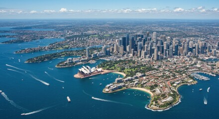 Naklejka premium Aerial view of sydney harbor with opera house and cityscape on a sunny day showcasing boats