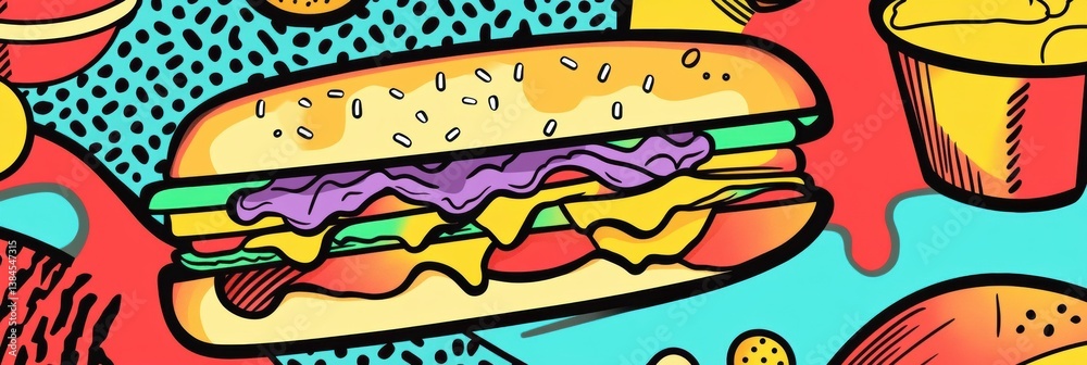Fototapete memphis style pop-art background with floating abstract food shapes and colorful geometric elements 