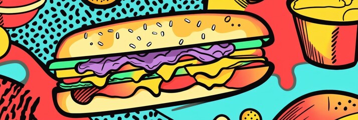 Memphis style pop-art background with floating abstract food shapes and colorful geometric elements showcasing bold lines and playful designs