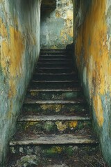 Decaying stairs lead to darkness overhead.