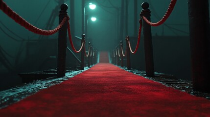 Naklejka premium Red carpet path, pier, night, fog, event
