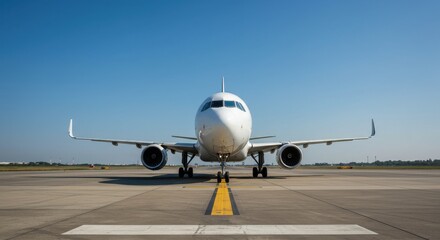 A white airplane sits on the runway ready for takeoff on a bright and clear sunny day outside airport