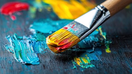 Obraz premium Paintbrush with Vibrant Oil Colors on Artist's Palette