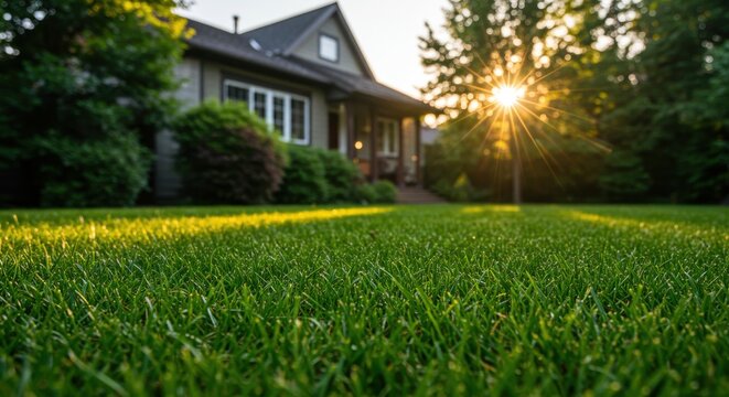 A low angle view of green grass lawn in front of a house during sunset with sun rays shining through