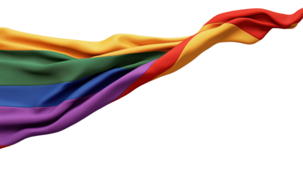 A colorful Pride flag with stripes of red, orange, yellow, green, blue, and purple, waving in the wind, representing LGBTQ+ pride and inclusivity.