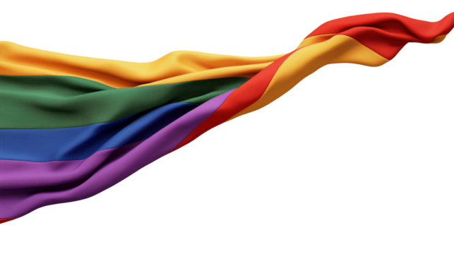 A colorful Pride flag with stripes of red, orange, yellow, green, blue, and purple, waving in the wind, representing LGBTQ+ pride and inclusivity.