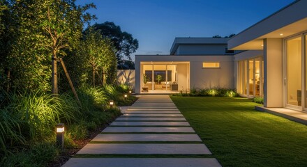 Obraz premium Illuminated modern house exterior with pathway and lush greenery at twilight showcasing architectural design