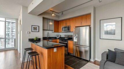 Contemporary Condo Interior Showcasing Kitchen, Living Space, and City Views