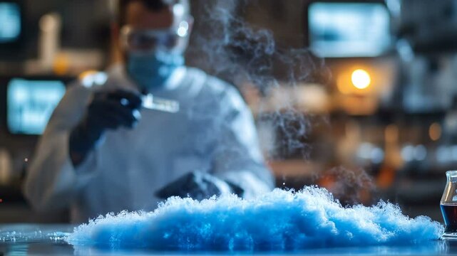 An innovative chemist is conducting a fascinating experiment with a striking blue substance in a laboratory setting