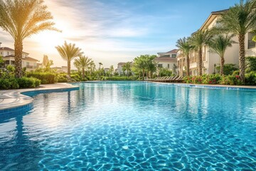 Luxury resort pool with palm trees, clear blue water, and comfortable lounge chairs.