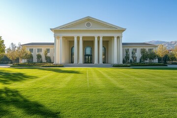Obraz premium A grand neoclassical mansion with a columned portico, expansive lawn, and manicured landscaping.