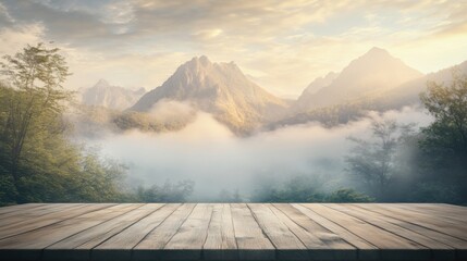 Empty Tabletop with Natural Background with a misty mountain, soft light breaking through the fog
