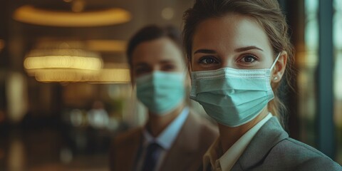 Business professionals wearing face masks greeting with elbow bump for social distance in home office