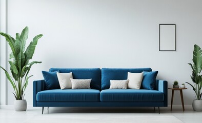 Modern living room featuring a comfortable blue sofa, elegant plants, and neutral tones