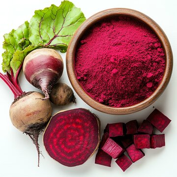 beet superfood red root isolate natural beet extract Vibrant beetroots and beet powder arranged beautifully, showcasing the color and texture of fresh vegetables for healthy eating.
