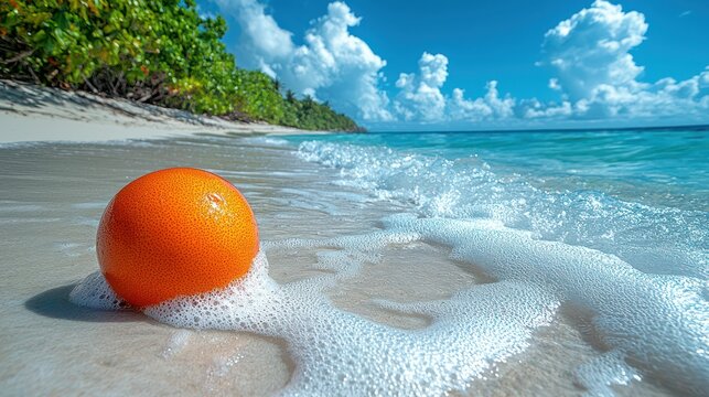 Orange fruit rests on tropical beach sand.