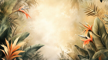 A hand-painted jungle scene with tropical leaves, heliconia, birds of paradise