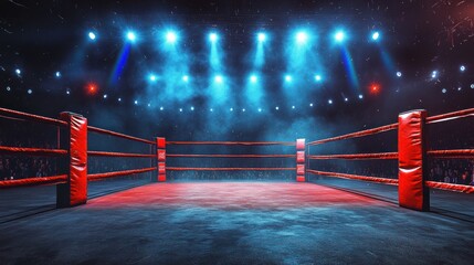 Boxing Ring Arena with Fans Spotlights and Intense Competition Dynamic View