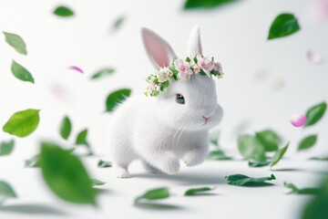 Adorable white bunny wearing a flower crown leaps amidst falling petals and leaves.