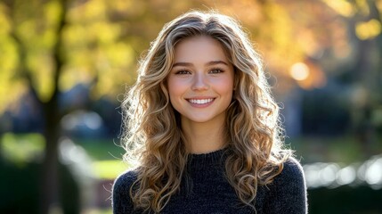 Naklejka premium Stunning Blonde Woman Portrait in Autumn Sunlight