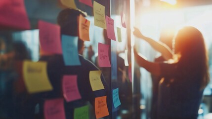 Teamwork in action: Brainstorming ideas on a glass wall full of sticky notes