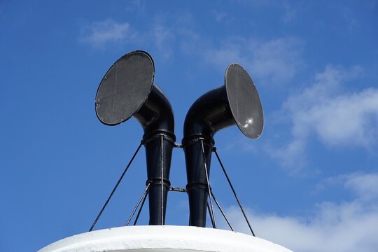 Foghorn for warning ships in foggy weather - this one is on the Lizard Wireless Station and lighthouse on Lizard Point in Cornwall England