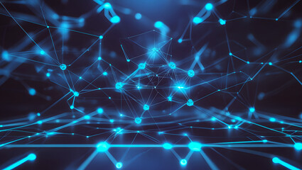 Fototapeta premium Digital technology tech blue connect dot network background in cyber landscape with abstract glowing blue grid data network, perfect for AI, blockchain, big data, and cybersecurity themes.