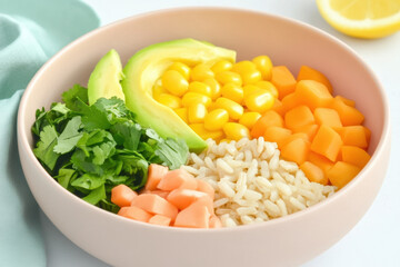 Fresh plant based recipes featuring rice, corn, avocado, and diced vegetables create healthy and delicious meal option