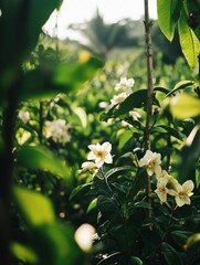 Lush green vanilla plantation with blooming white orchid flowers under soft sunlight in a warm organic environment