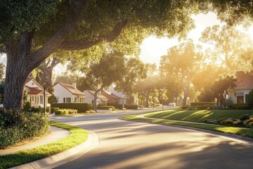 Sunlit residential street, lined with charming houses and lush greenery, peaceful suburban scene.