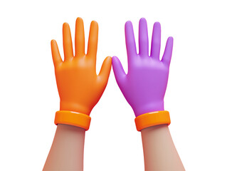 Two gloved hands, 3d render ,vibrant orange and purple gloves with orange cuffs, symbolizing collaboration and safety, isolated on transparent background, cut out, close up, high quality, PNG file.
