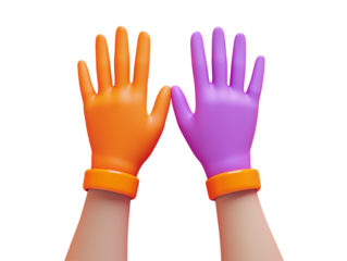 Two gloved hands, 3d render ,vibrant orange and purple gloves with orange cuffs, symbolizing collaboration and safety, isolated on transparent background, cut out, close up, high quality, PNG file.
