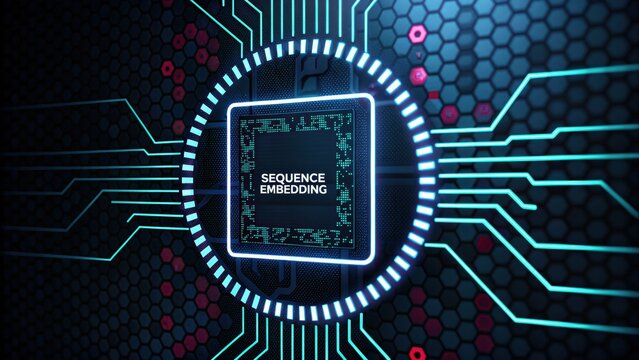 Abstract digital circuit design showcasing a microchip with "Sequence Embedding" text.