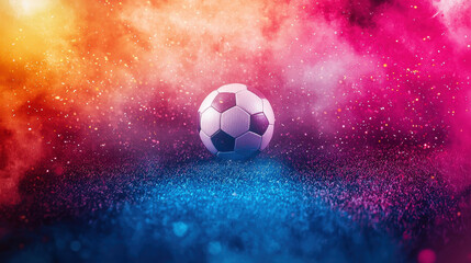 Fototapeta premium vibrant football rests on colorful background filled with swirling hues of pink and blue, creating energetic atmosphere