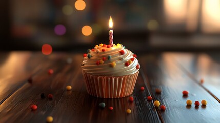 Festive cupcake candlelit on wooden table, bokeh background, celebration