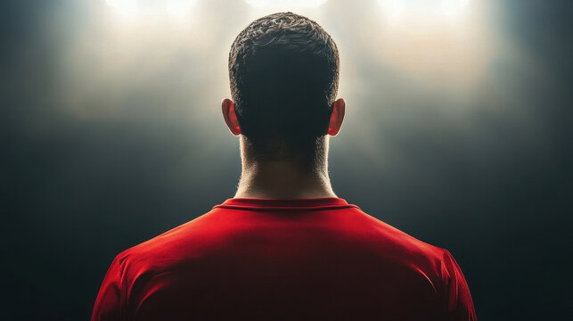 football player stands confidently in red jersey, illuminated by dramatic lighting, ready for game ahead - Powered by Adobe