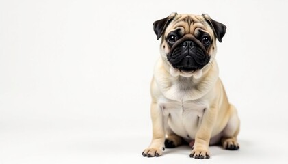 Adorable pug dog sitting, isolated on white background, pug, photography